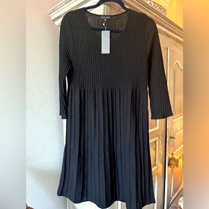Eileen Fisher Black Washable Wool Rib Release Pleat Dress NWT